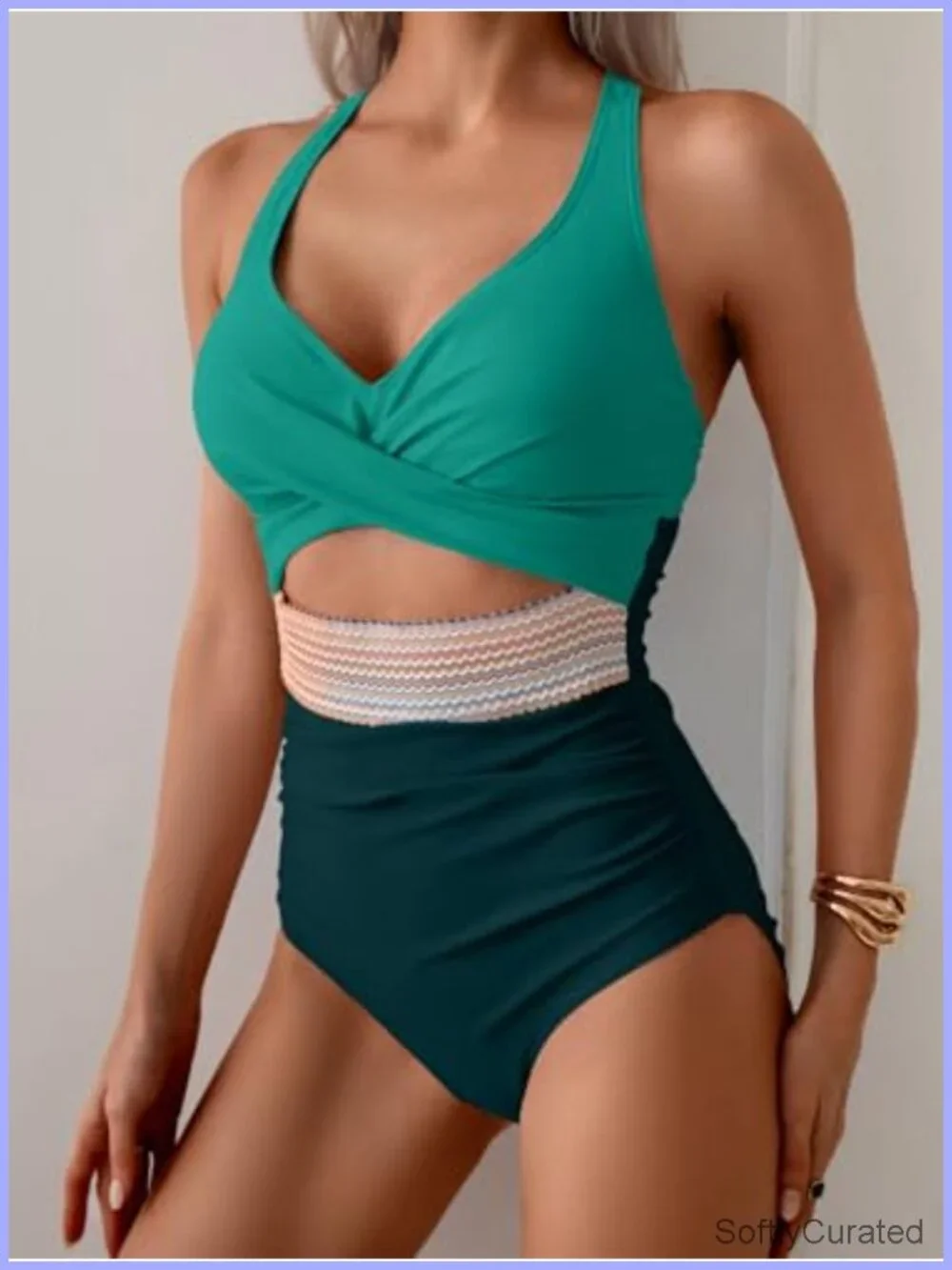 Tummy Control One Piece Swimsuit V Neck High Waisted Cutout Swimwear